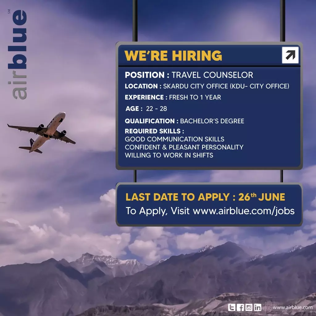 Jobs in AirBlue for Travel Counselor – Air Blue Jobs 2022 — original advertisement