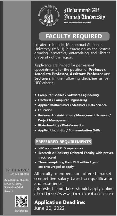 Jobs in Mohammad Ali Jinnah University Karachi Jobs 2022 — original advertisement