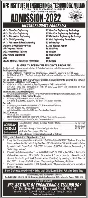 Admission in NFC institute of Engineering &  Technology – NFC Institute of Engineering & Technology Multan Admissions 2022 — original advertisement