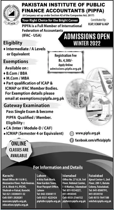 Admission in Pakistan institute of Public Finance Accountant – Pakistan Institute of Public Finance Accountants Admissions 2022 — original advertisement