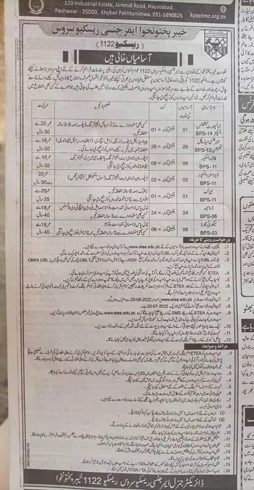 Jobs in Recue 1122 Khyber Pakhtunkhwa – Rescue 1122 KPK Jobs 2022 — original advertisement