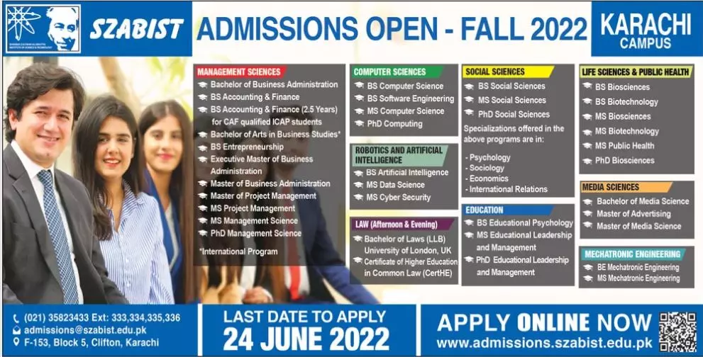 Admission Shaheed Zulfikar Ali Bhutto Institute of Science – Shaheed Zulfiqar Ali Bhutto Institute of Technology Admissions 2022 — original advertisement