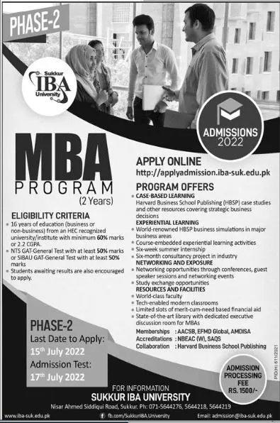 Admission in Sukkur IBA University Admissions 2022 — original advertisement