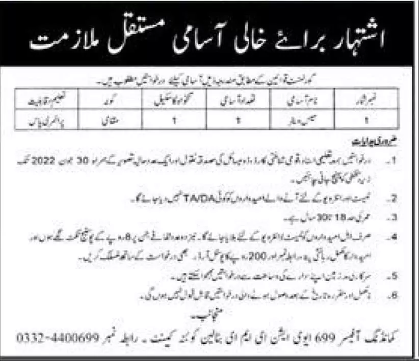 Jobs in 699 Aviation EME Battalion Quetta 2022 – Pakistan Army Jobs 2022 — original advertisement