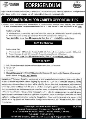 Jobs in Punjab Population Innovation Fund PPIF – Govt of Punjab Jobs 2022 — original advertisement