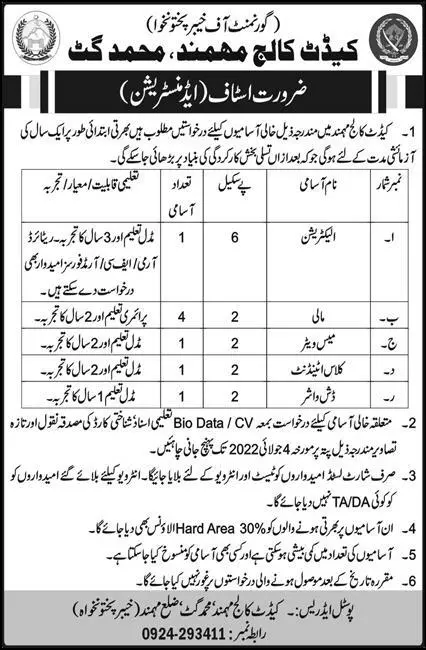 Jobs in Cadet College Mohmand Jobs 2022 — original advertisement