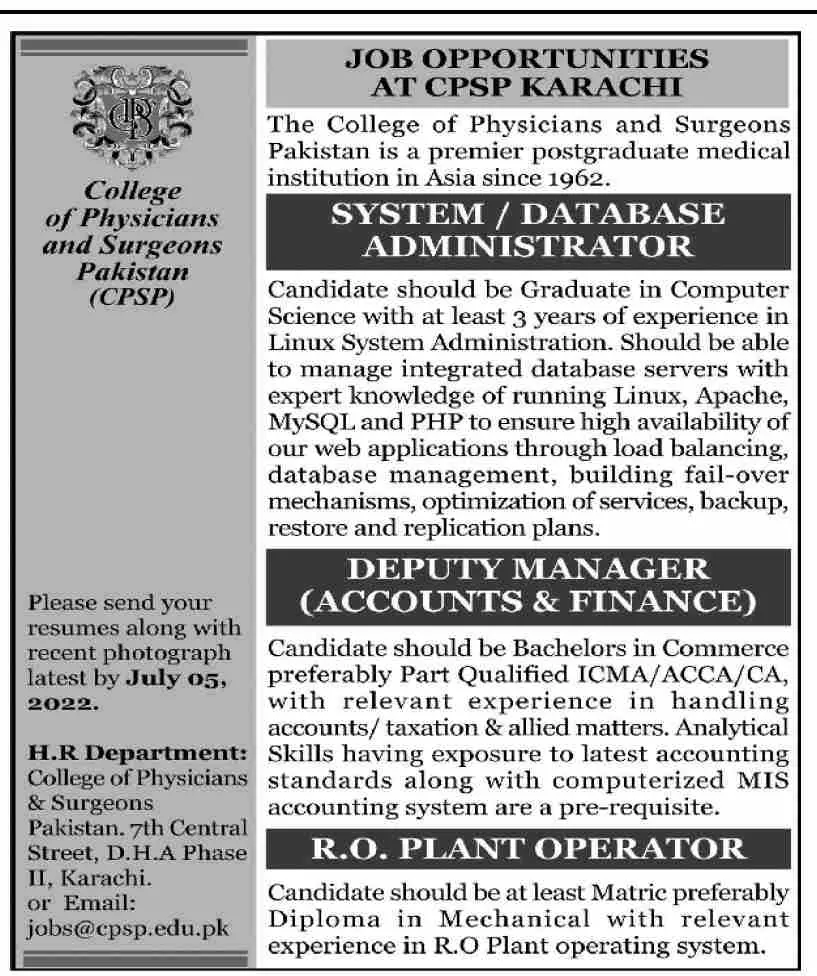 Jobs in College of Physicians and Surgeons Pakistan Jobs 2022 — original advertisement