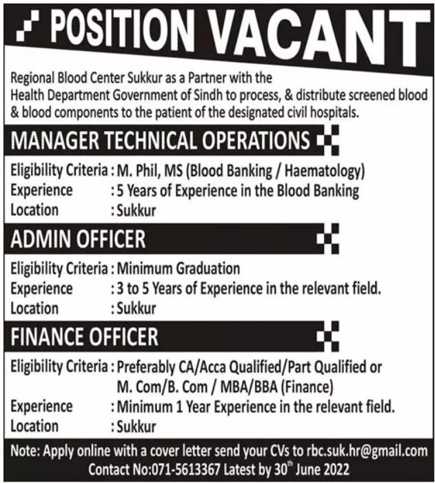 Jobs in Regional Blood Center Sukkur Sindh – Health Department Sindh Jobs 2022 — original advertisement