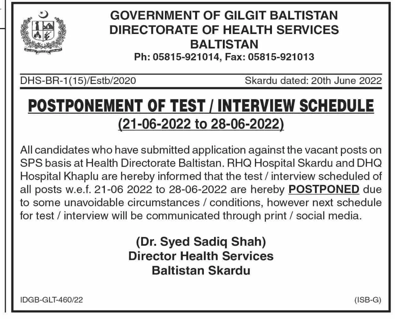 Interview in Directorate of health Services Baltistan – Government of Gilgit-Baltistan Jobs 2022 — original advertisement