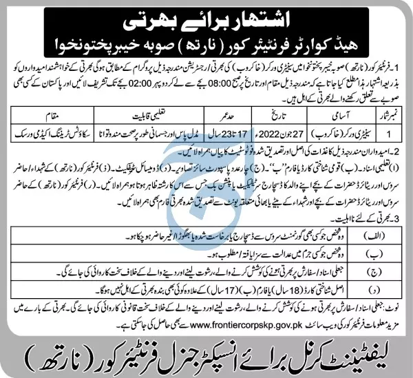 Jobs in Frontier Crops Khyber Pakhtunkhwa – Frontier Corps Kpk Jobs 2022 — original advertisement