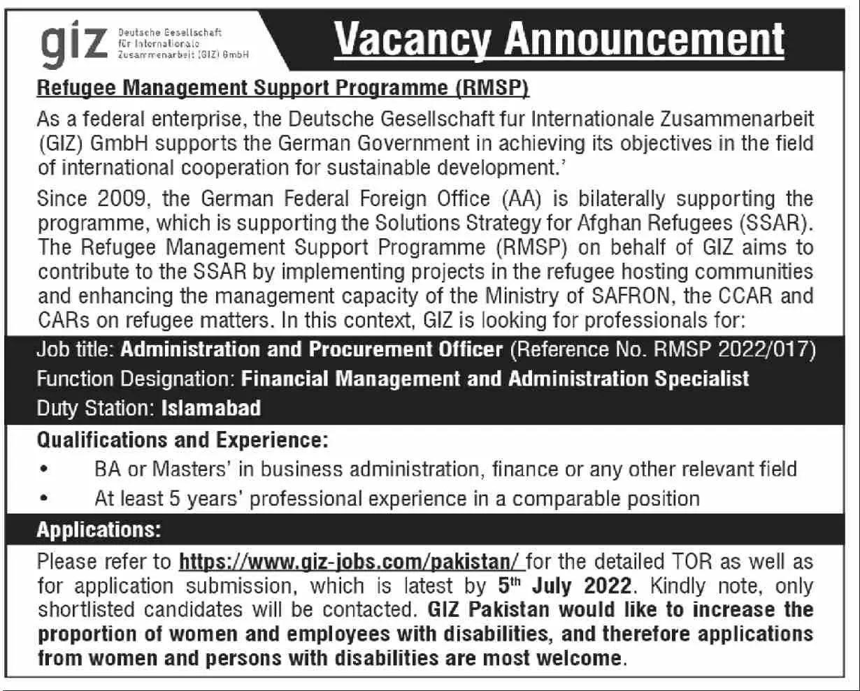 Jobs in Giz NGO – GIZ Deutsche Gesellschaft für Internationale Zusammenarbeit (GIZ) GmbH Jobs 2022 — original advertisement