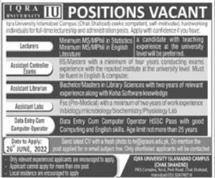 Jobs in Iqra University Islamabad Campus Jobs 2022 — original advertisement