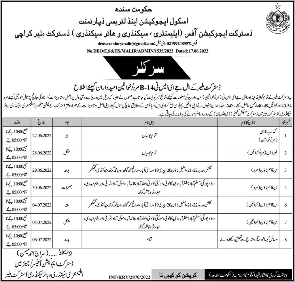 Jobs in District Education Office Education Karachi – School Education & Literacy Department Sindh Jobs 2022 — original advertisement