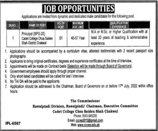 Jobs in Cadet College Choa Saiden Shah Chakwal Jobs 2022 — original advertisement