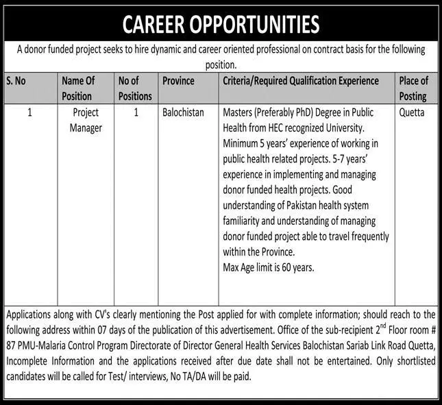 Jobs in Donor Funded Project Balochistan – Public Sector Organization Jobs 2022 — original advertisement