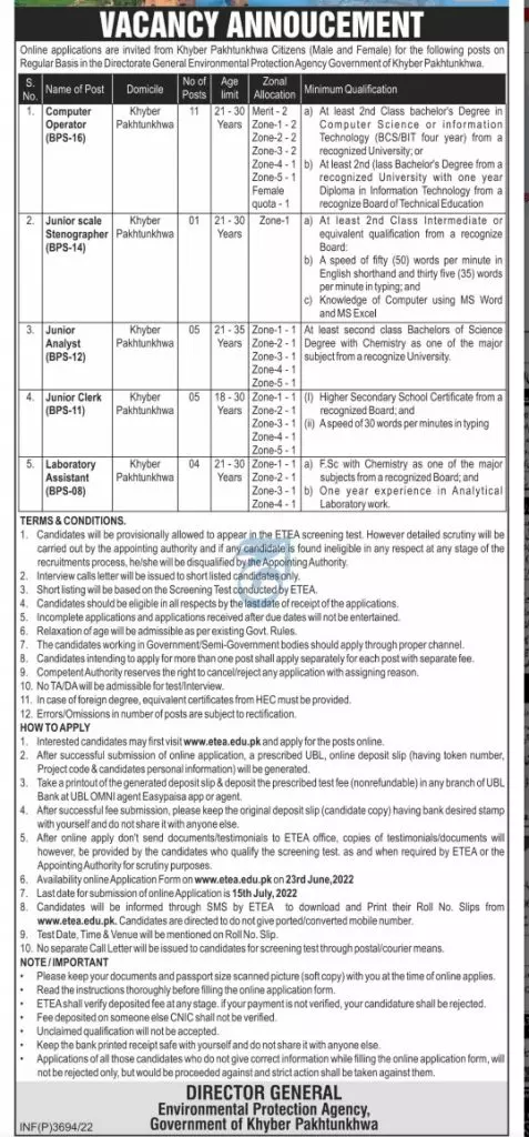 Jobs in Environmental Protection Agency Khyber Pakhtunkhwa – Environmental Protection Agency KPK Jobs 2022 — original advertisement