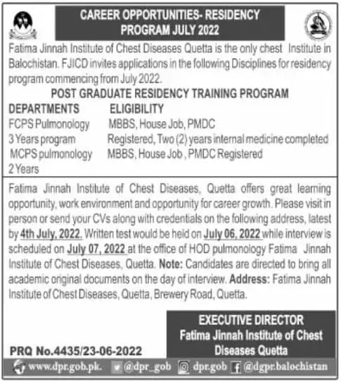 Jobs in Fatima Jinnah institute of Chest Diseases Quetta – Fatima Jinnah Chest Hospital Quetta Jobs 2022 — original advertisement