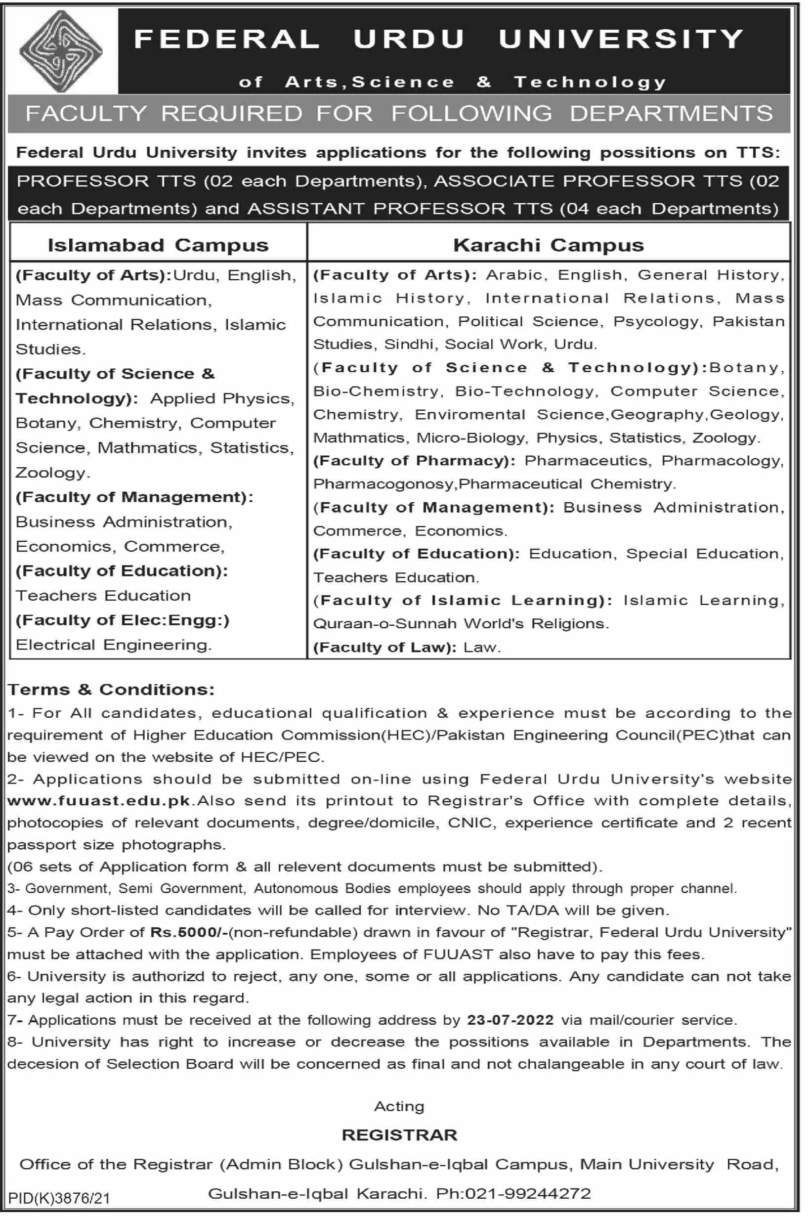 Federal Urdu University of Arts Science and Technology Jobs – Federal Urdu University of Arts, Sciences & Technology, Islamabad Jobs 2022 — original advertisement