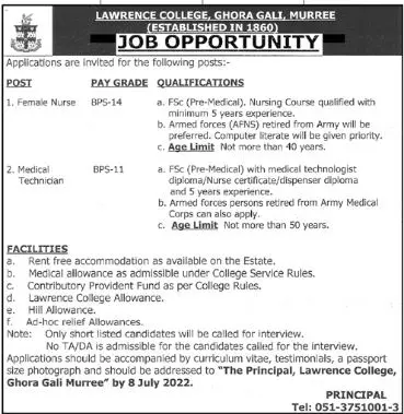 Jobs in Lawrence College Ghora Gali Murree Jobs 2022 — original advertisement