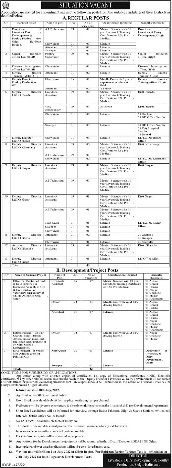Jobs in Livestock & Dairy Develpment Gilgit-Baltistan – Livestock and Dairy Development Gilgit-Baltistan Jobs 2022 — original advertisement