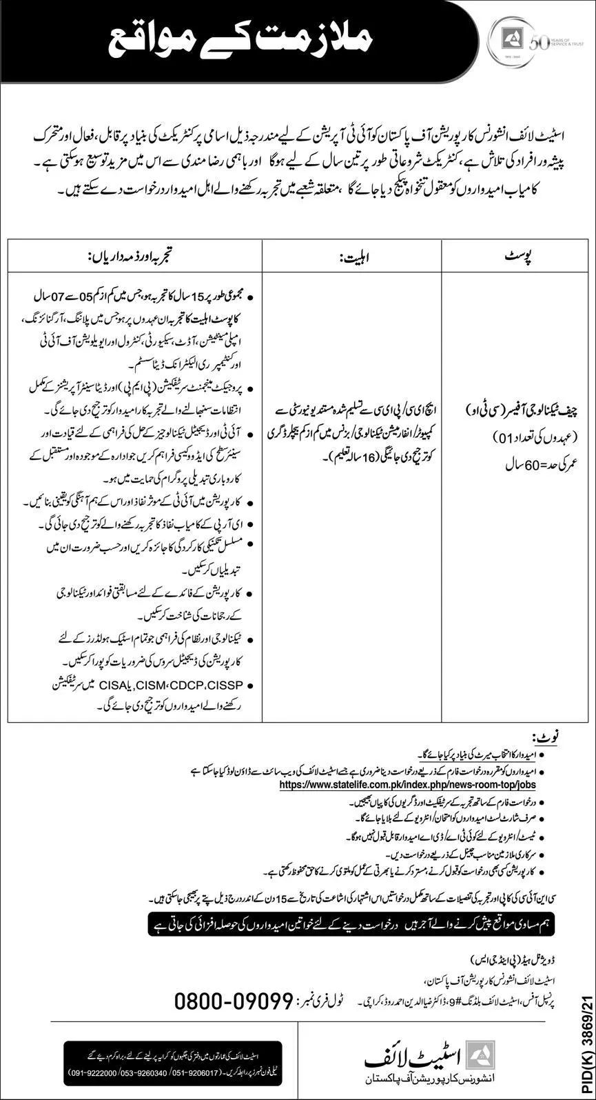 Jobs in State Life Insurance Corporation of Pakistan Jobs 2022 — original advertisement