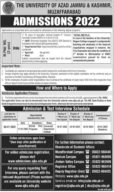Admission in University of Azad Jammu & Kashmir Admissions 2022 — original advertisement