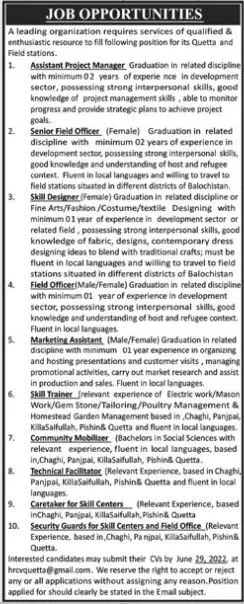 Jobs in NGOs Quetta and Field Station 2022 – Public Sector Organization Jobs 2022 — original advertisement