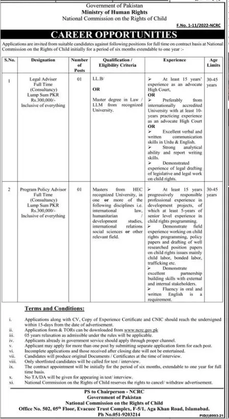 Jobs in ministry of Human Rights Islamabad Jobs 2022 — original advertisement