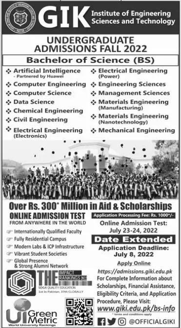 Admission in GIK institute of Engineering Science & Technolg – Ghulam Ishaq Khan GIK Institute of Engineering Sciences and Technology Swabi Admissions 2022 — original advertisement