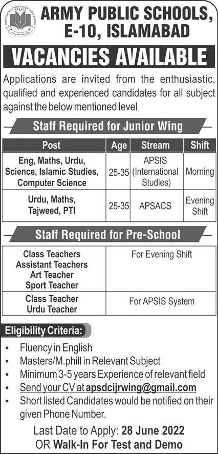 Jobs in Army Public Schools E-10 Islamabad – Army Public School & College Paksitan Jobs 2022 — original advertisement