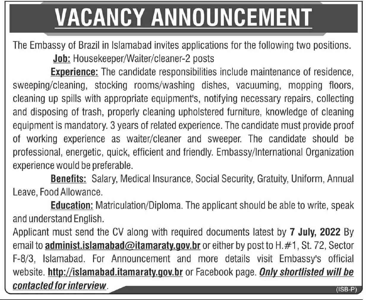 Jobs in Embassy of Brazil in Islamabad – Ministry of Foreign Affairs (MOFA) Pakistan Jobs 2022 — original advertisement