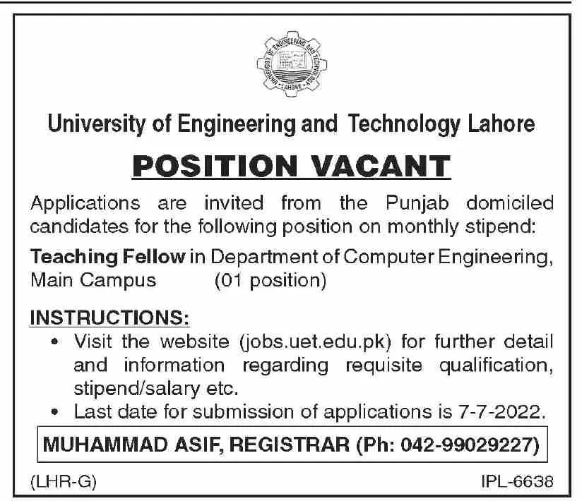 Jobs in University of Engineering and Technology Lahore – University of Engineering  & Technology Lahore Jobs 2022 — original advertisement