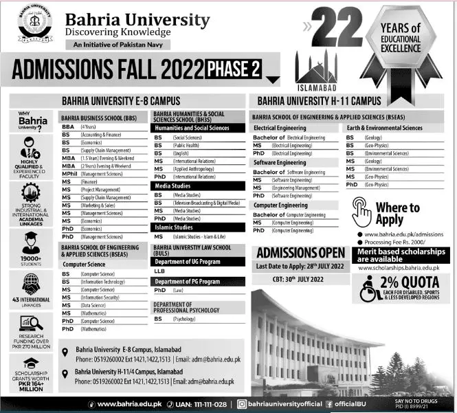 Admission in bahria university islamabd Admissions 2022 — original advertisement