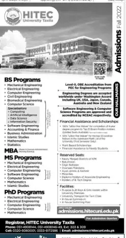 Admission in Hitec University Taxila Admissions 2022 — original advertisement