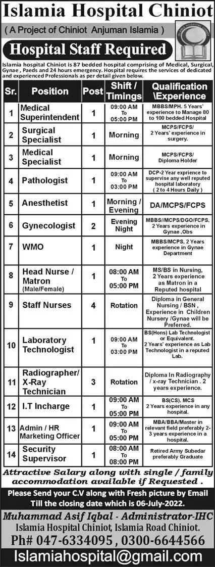 Jobs in Islamia Hospital Chiniot Jobs 2022 — original advertisement
