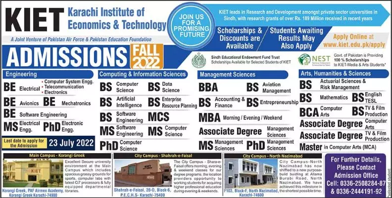 Admission in Karachi Institute of Economics and Technology – Karachi Institute of Economics and Technology KIET Admissions 2022 — original advertisement