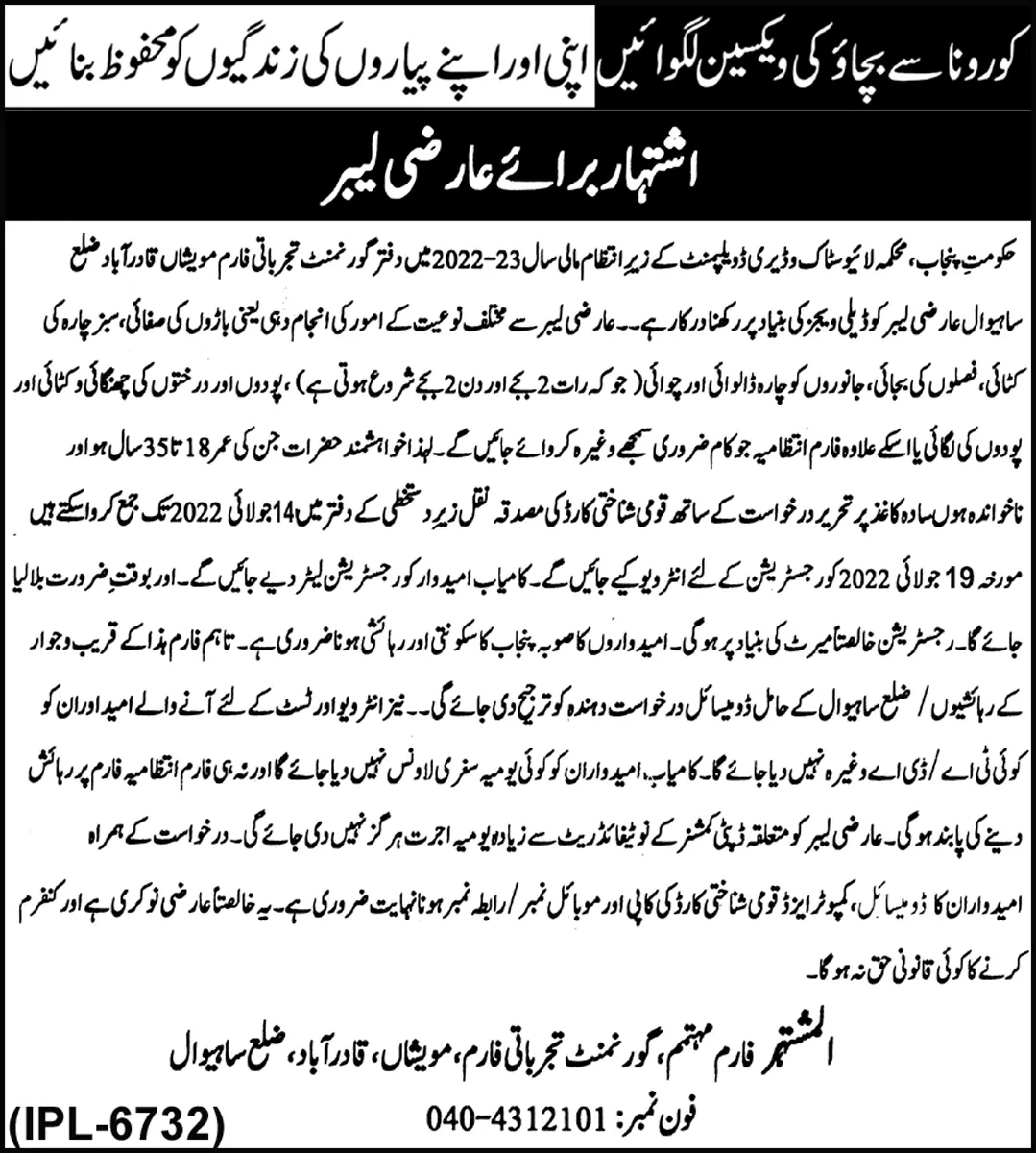 Jobs in livestock and dairy development department punjab Jobs 2022 — original advertisement