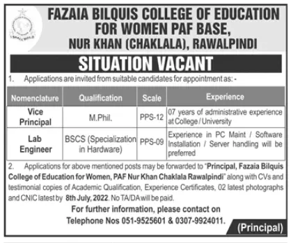 Jobs in Fazaia College PAF Base Chaklala Rawalpindi – Fazaia Schools & Colleges Jobs 2022 — original advertisement