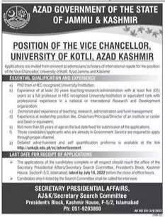 Jobs in University of Kotli Azad Jammu and Kashmir Jobs 2022 — original advertisement