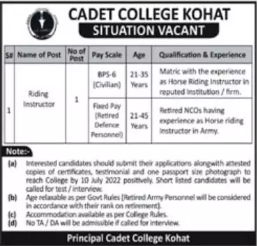 Jobs in cadet college kohat – Garrison Cadet College Kohat Jobs 2022 — original advertisement