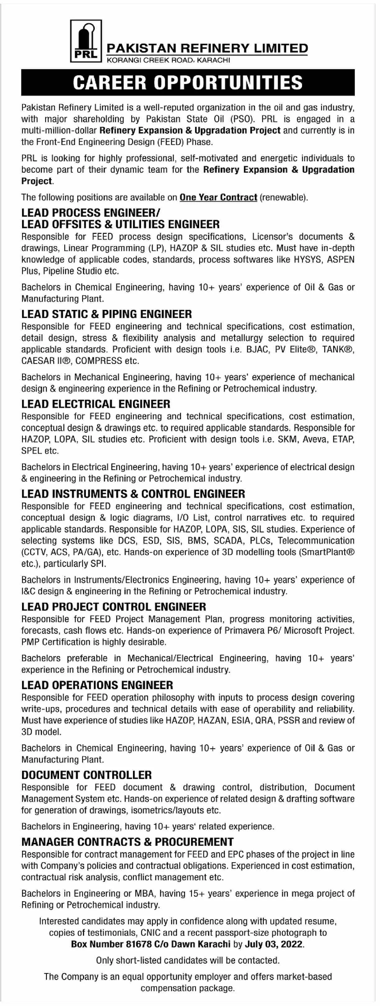 Jobs in Pakistan Refinery Limited Karachi Sindh – Private Company Jobs 2022 — original advertisement