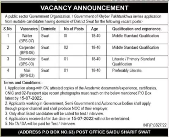 Jobs in Public Sector Organization khyber pakhtunkhwa Jobs 2022 — original advertisement