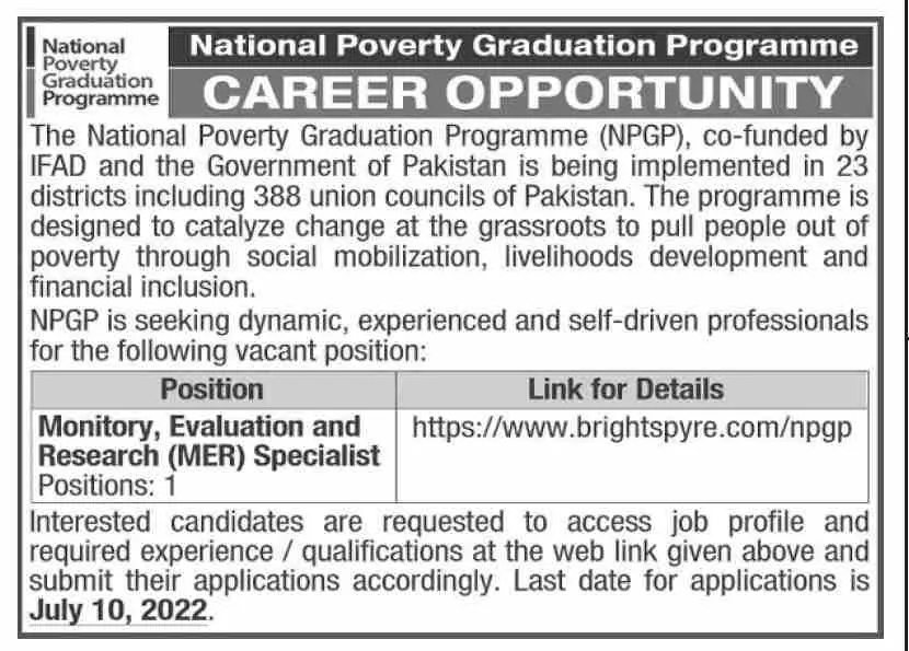 Jobs in National Poverty Graduation Programme NPGP Jobs 2022 — original advertisement