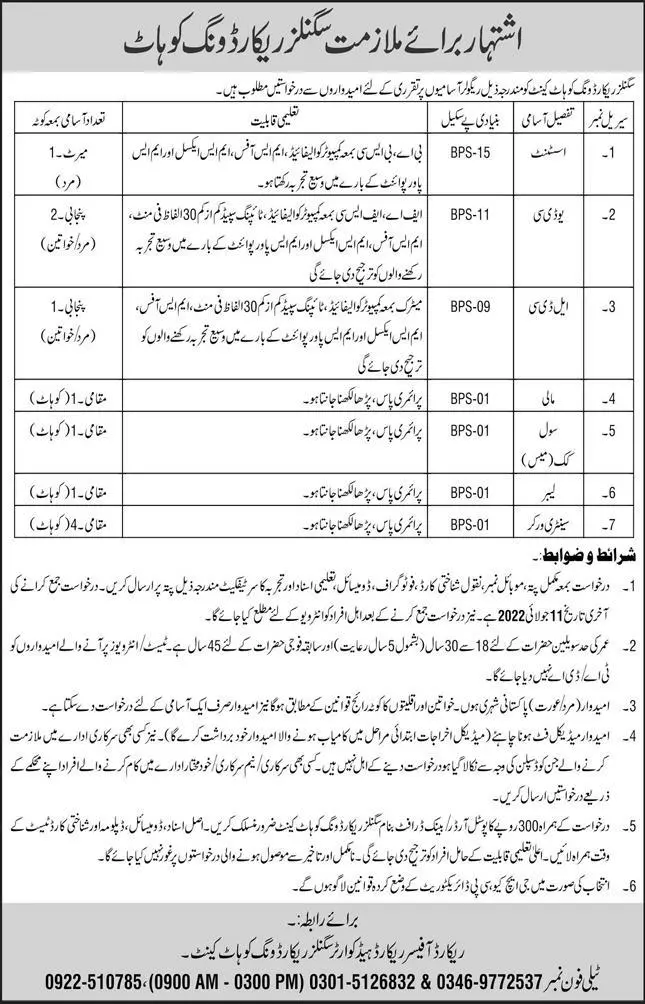 Jobs in Pakistan Army Civillian Singal Wings Record Kohat Jobs 2022 — original advertisement