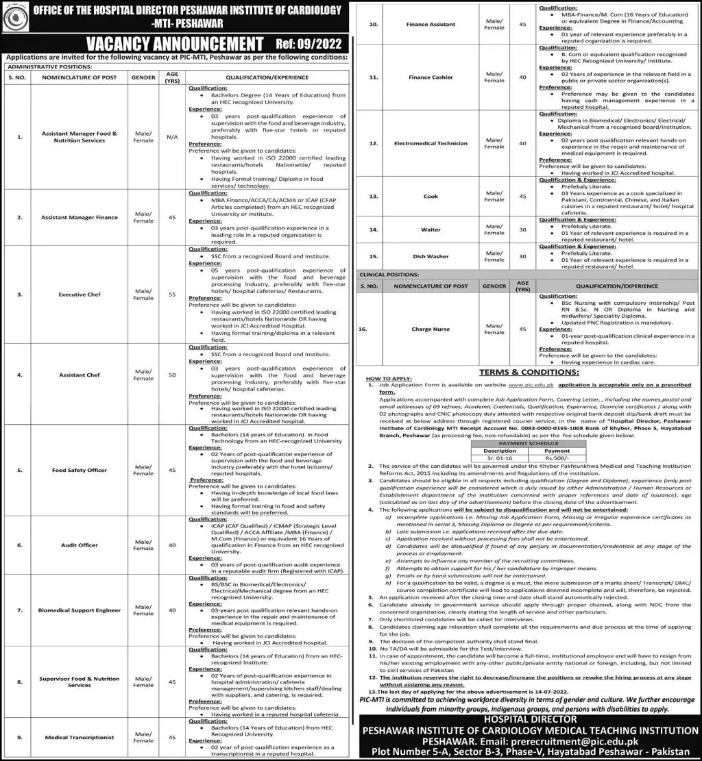Jobs in Peshawar Institute of Cardiology MTI Peshawar Jobs 2022 — original advertisement