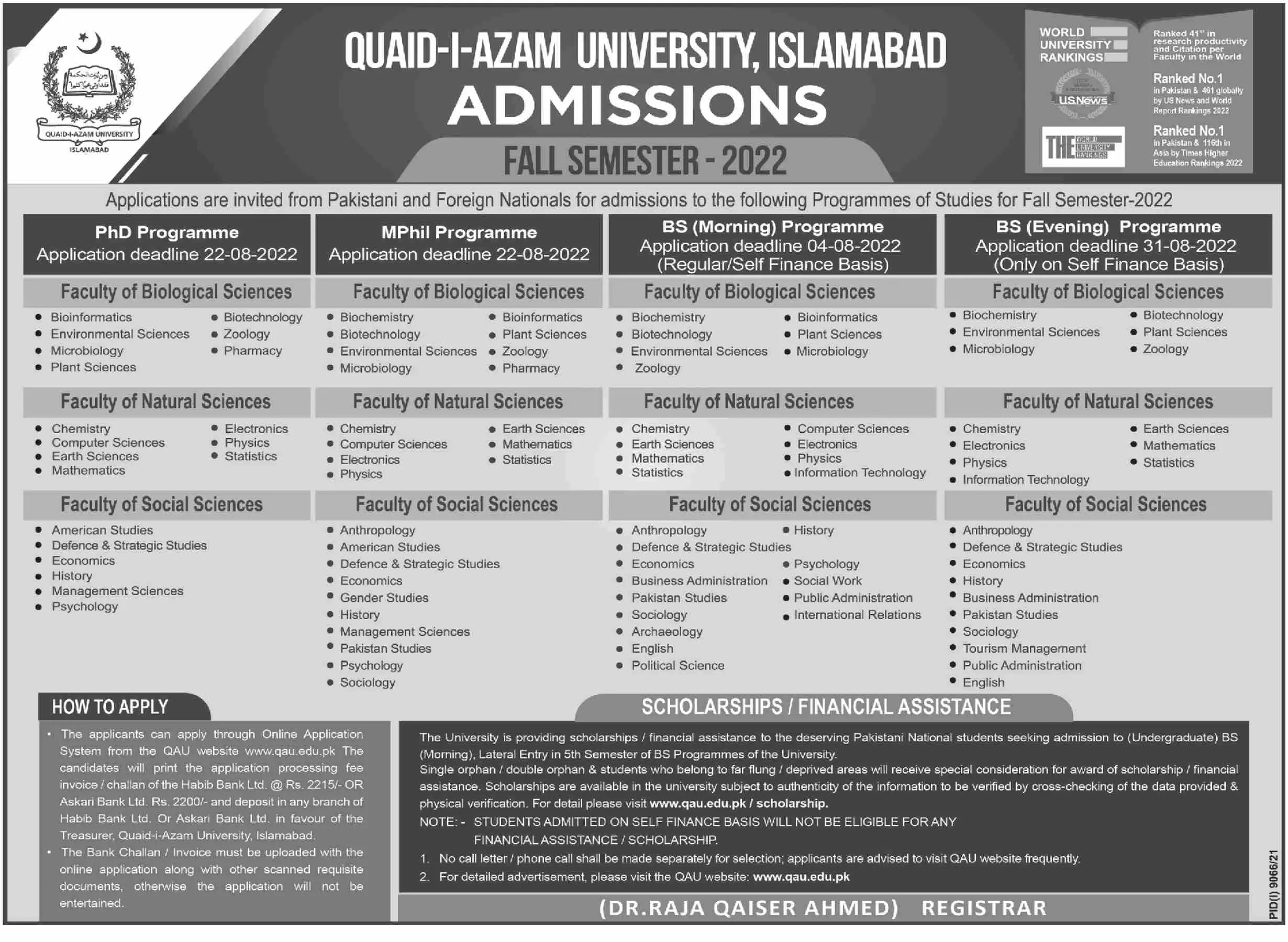 Admission in Quaid-I-Azam University Islamabad – Quaid-i-Azam University, Islamabad , Pakistan Admissions 2022 — original advertisement