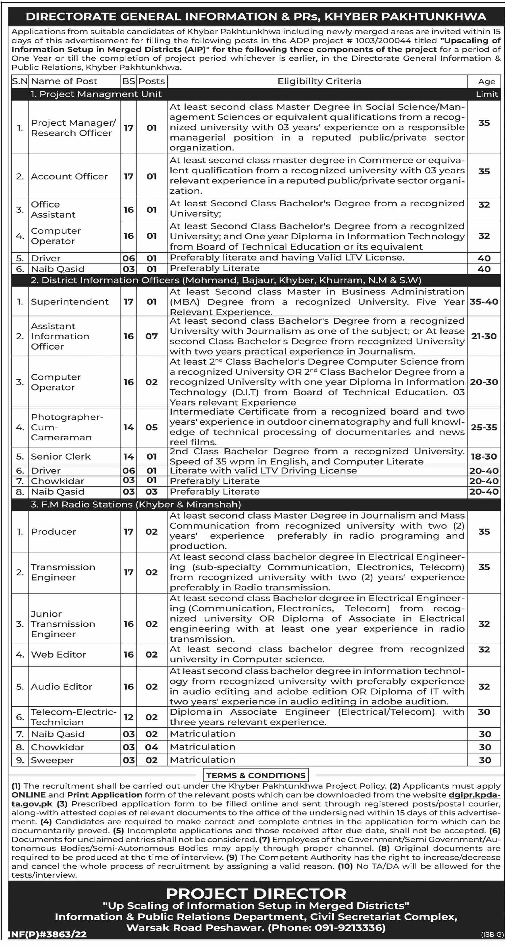 Jobs in Directorate of Information and Public Relations KPK – Information & Public Relations Department KPK Jobs 2022 — original advertisement