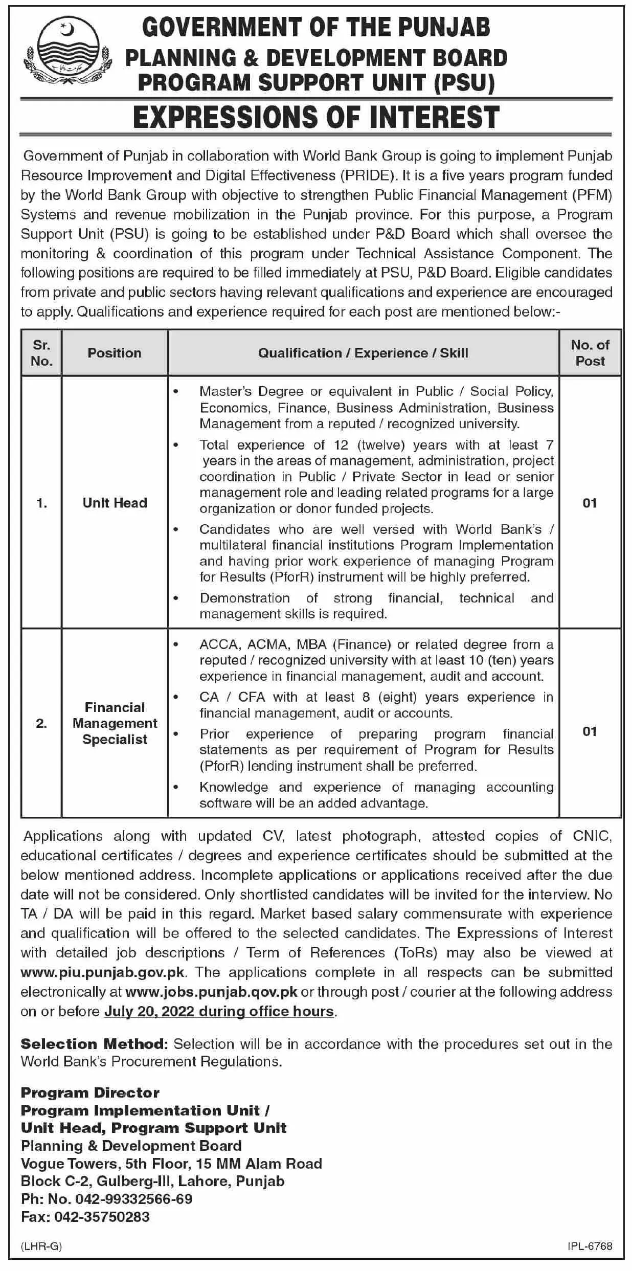 Jobs in Planning And Development Board Punjab – Planning & Development Board Punjab Jobs 2022 — original advertisement