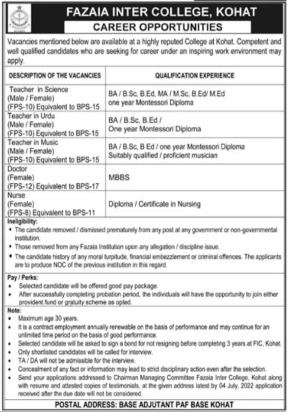Jobs in Fazaia Inter College Kohat – Fazaia Schools & Colleges Jobs 2022 — original advertisement