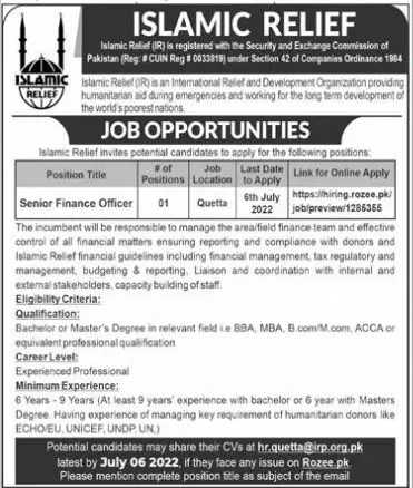 Jobs in Islamic Relief IR Quetta 2022 – Islamic Relief International Jobs 2022 — original advertisement